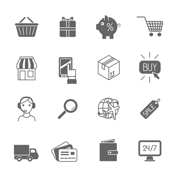 Winkelen e-commerce pictogrammen instellen zwart — Stockvector