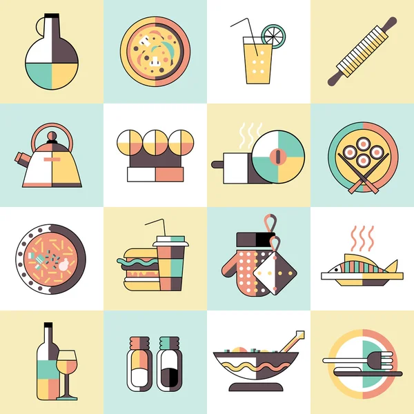 Cocina comida iconos línea plana — Vector de stock