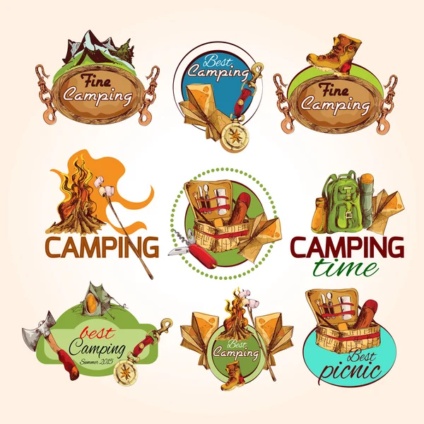 Esquema del camping emblemas — Archivo Imágenes Vectoriales
