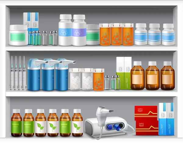 Estantes de farmacia realista — Vector de stock