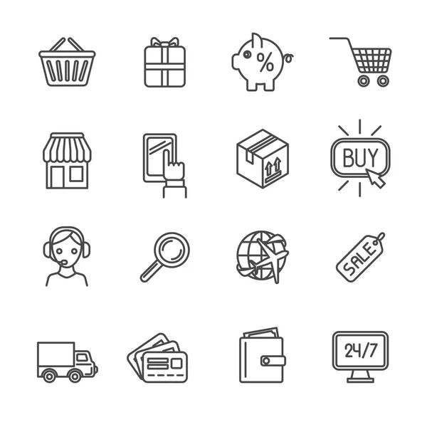 Compras iconos de comercio electrónico conjunto esquema plano — Vector de stock