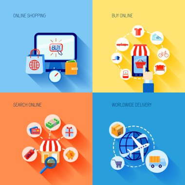 Alışveriş e-ticaret simgeleri düz ayarlamak