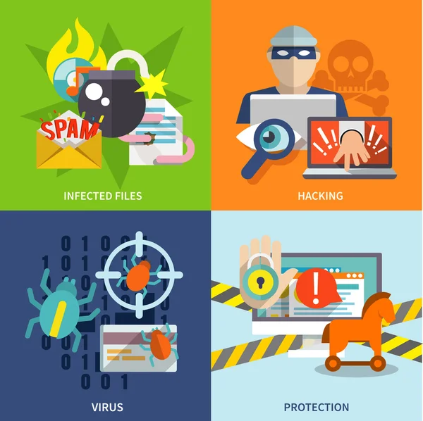 Hacker iconos conjunto plano — Vector de stock