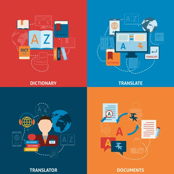 Translation and dictionary flat icons composition — Stock Vector