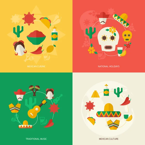 Messico set icone piatte — Vettoriale Stock