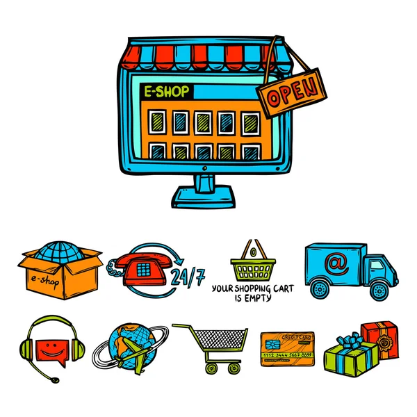 Boutique en ligne ensemble décoratif — Image vectorielle