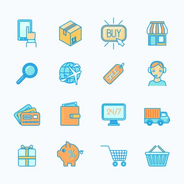E-ticaret simgeler alışveriş düz çizgi ayarla