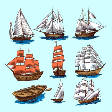 Ships and boats sketch set clipart