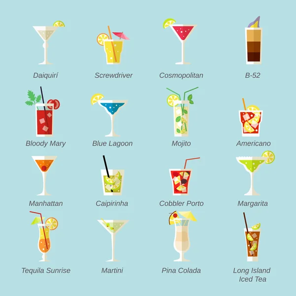 Alcohol Cocktails Icons Flat — Stock Vector