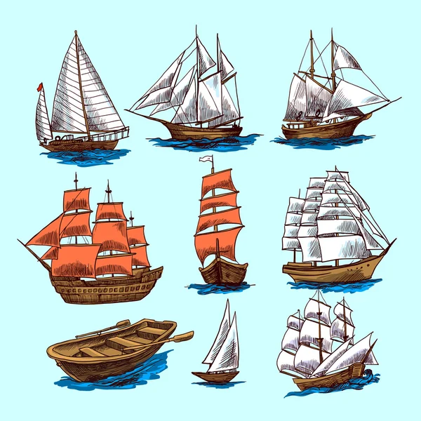 Barcos y botes bosquejo conjunto — Vector de stock