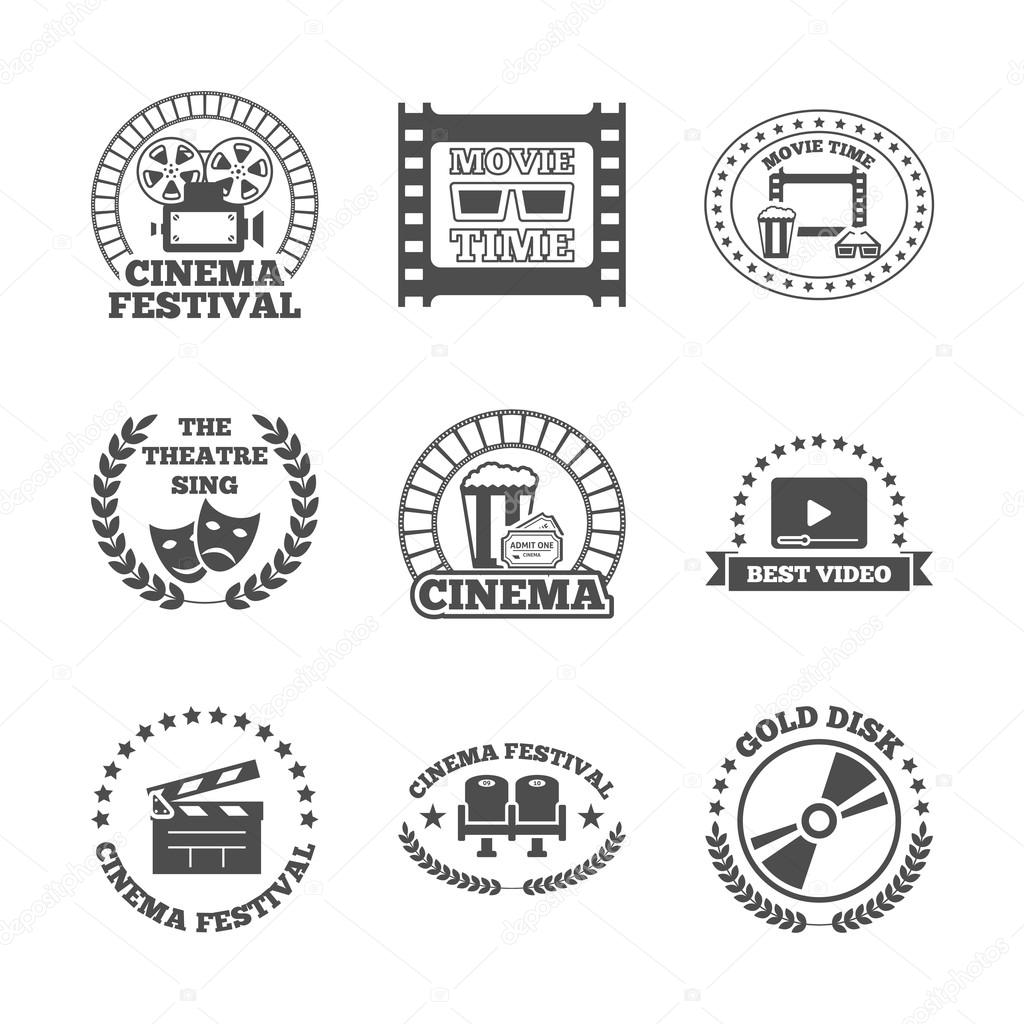Cinema movie theater golden disk best video festival black retro style labels icons set isolated vector illustration