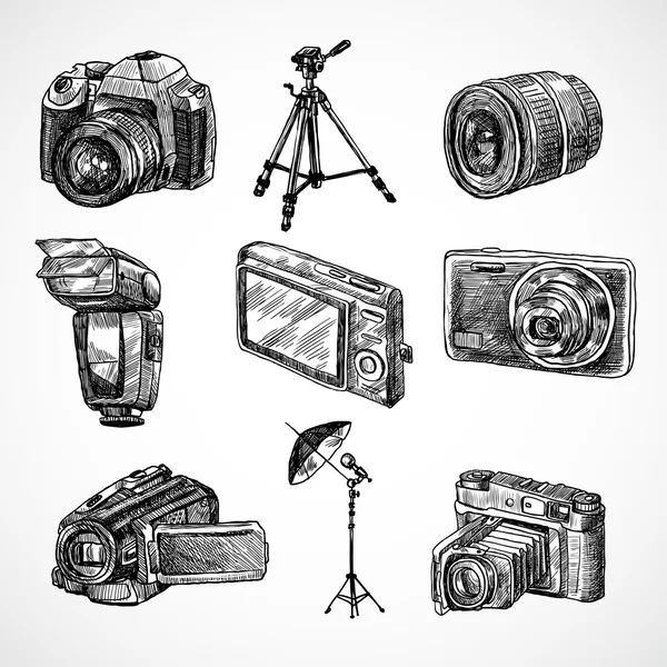 Camera schets iconen set — Stockvector