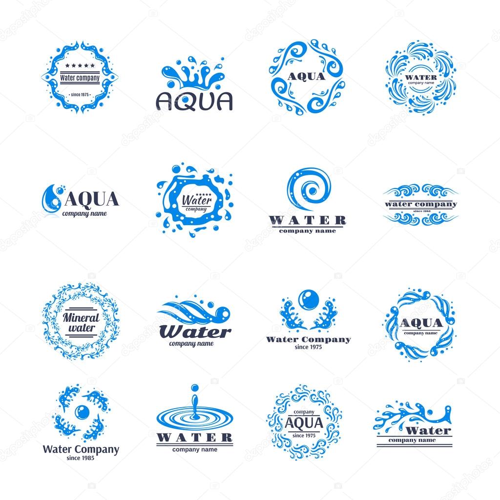 Water company aqua mineral logo set with blue waves isolated vector illustration