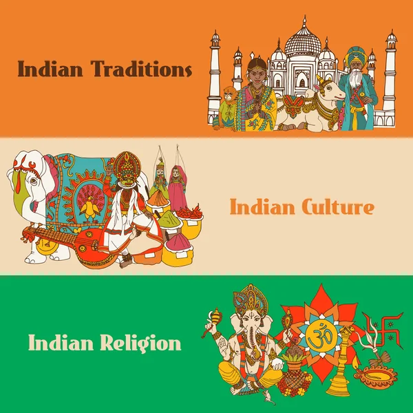 Indien skizziert Banner Set — Stockvektor