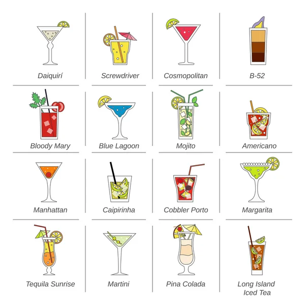 Alkohol Cocktails Symbole flache Linie — Stockvektor