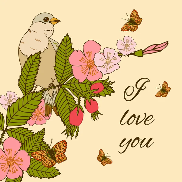 Vintage çiçek arka plan ile kuş — Stok Vektör