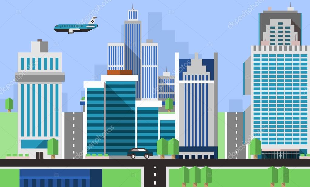 Skyscraper offices flat background with business real estate property apartments vector illustration