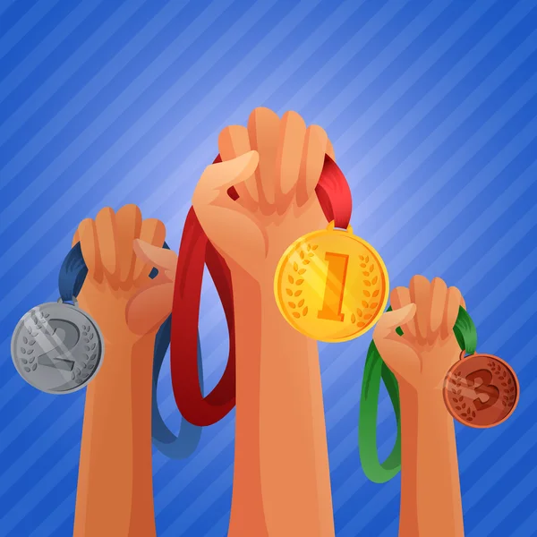 Vincitori mani in possesso di medaglie — Vettoriale Stock
