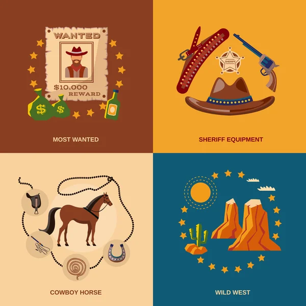 Cowboy icons flat — Stock Vector