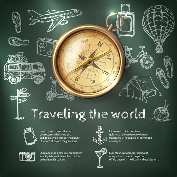 World Travel Poster With Compass — Stock Vector