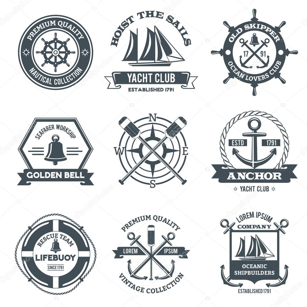 Nautical label sea and ocean yacht journey black emblems set isolated vector illustration