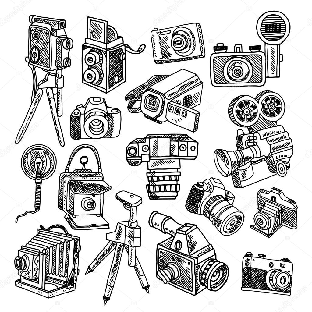 Camera doodle sketch icons set