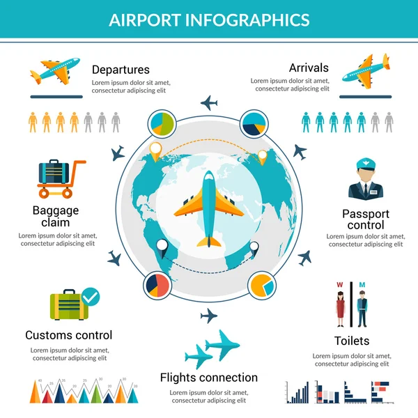 Conjunto de infografía del aeropuerto — Vector de stock