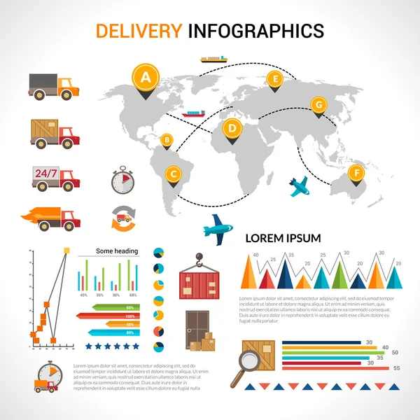 Set di infografiche piatte di consegna — Vettoriale Stock