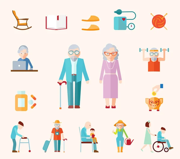 Senior Lifestyle Flat Iconos — Vector de stock