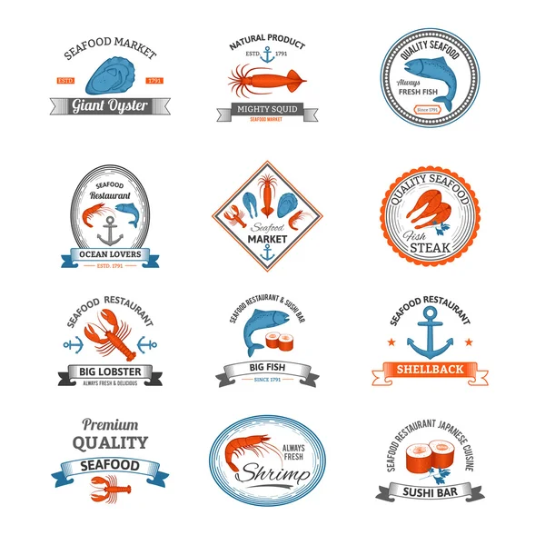 Seafood Emblems Colored — Stock Vector