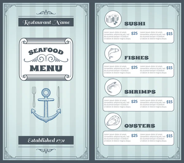 Deniz ürünleri menü tasarımı — Stok Vektör