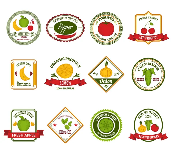 Frutas verduras etiquetas de color conjunto — Archivo Imágenes Vectoriales