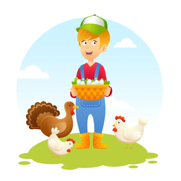 Campesina mujer con pollo — Vector de stock