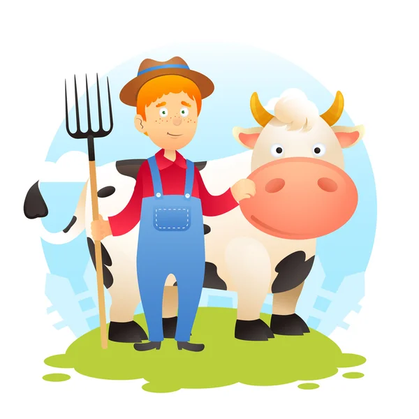 Farmer With Cow — Stock Vector