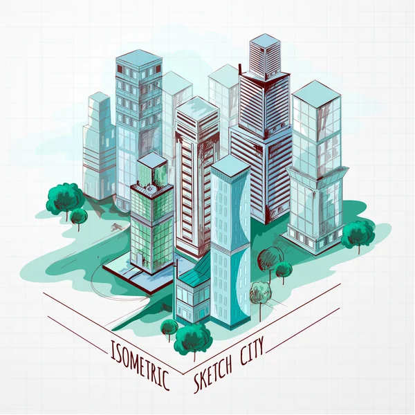 Isometric Sketch City Colored — Stock Vector