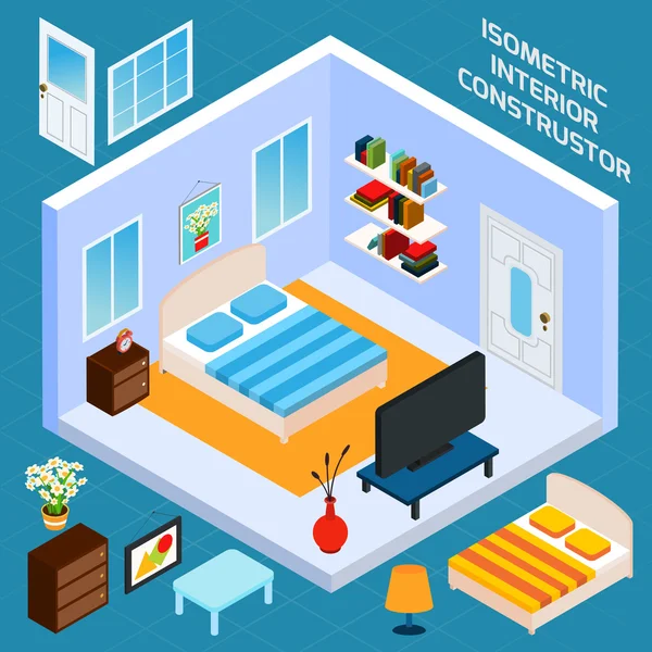 Isometric Bedroom Interior — Stock Vector