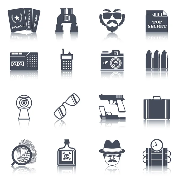 Spy gadgets conjunto de ícones pretos — Vetor de Stock