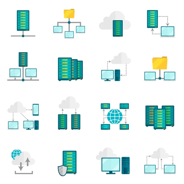 Servizio di hosting piatto icone impostato — Vettoriale Stock