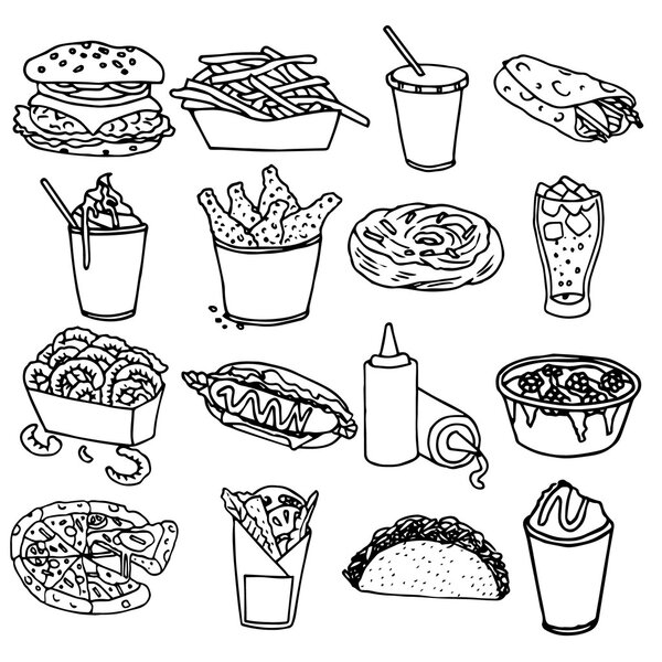 Fast food menu icons black outline