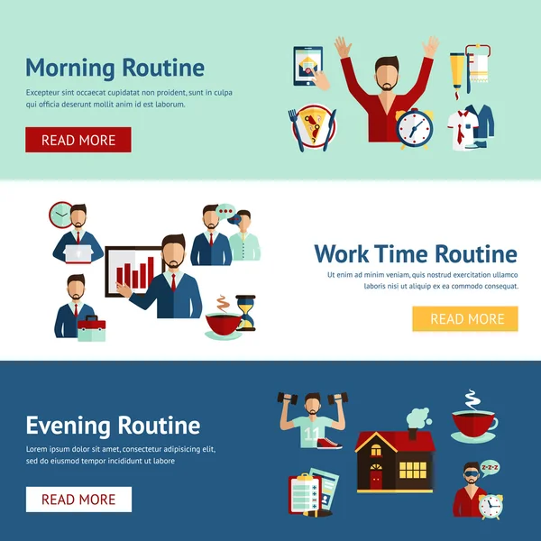 Zakenman dagelijkse routine concept banners — Stockvector