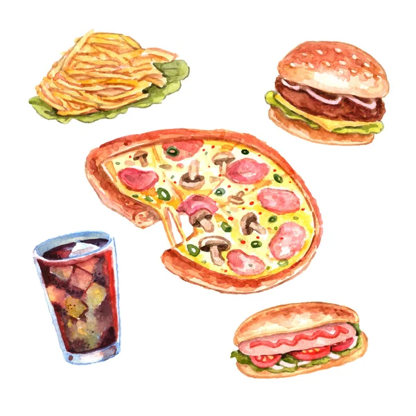Set menu pranzo fast food acquerello — Vettoriale Stock