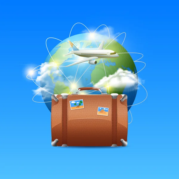 Plane With Globe And Suitcase — Stock Vector