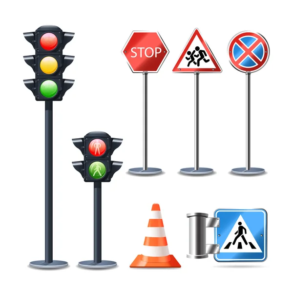Verkehrszeichen und Ampel aufgestellt — Stockvektor