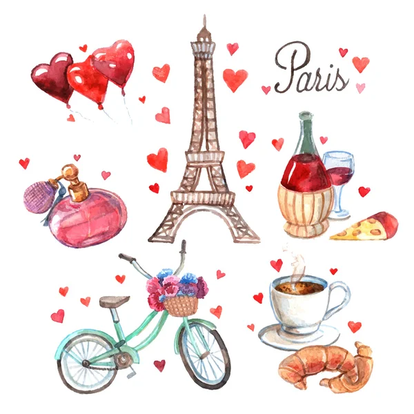 Paris symbols watercolor icons composition — Stock Vector