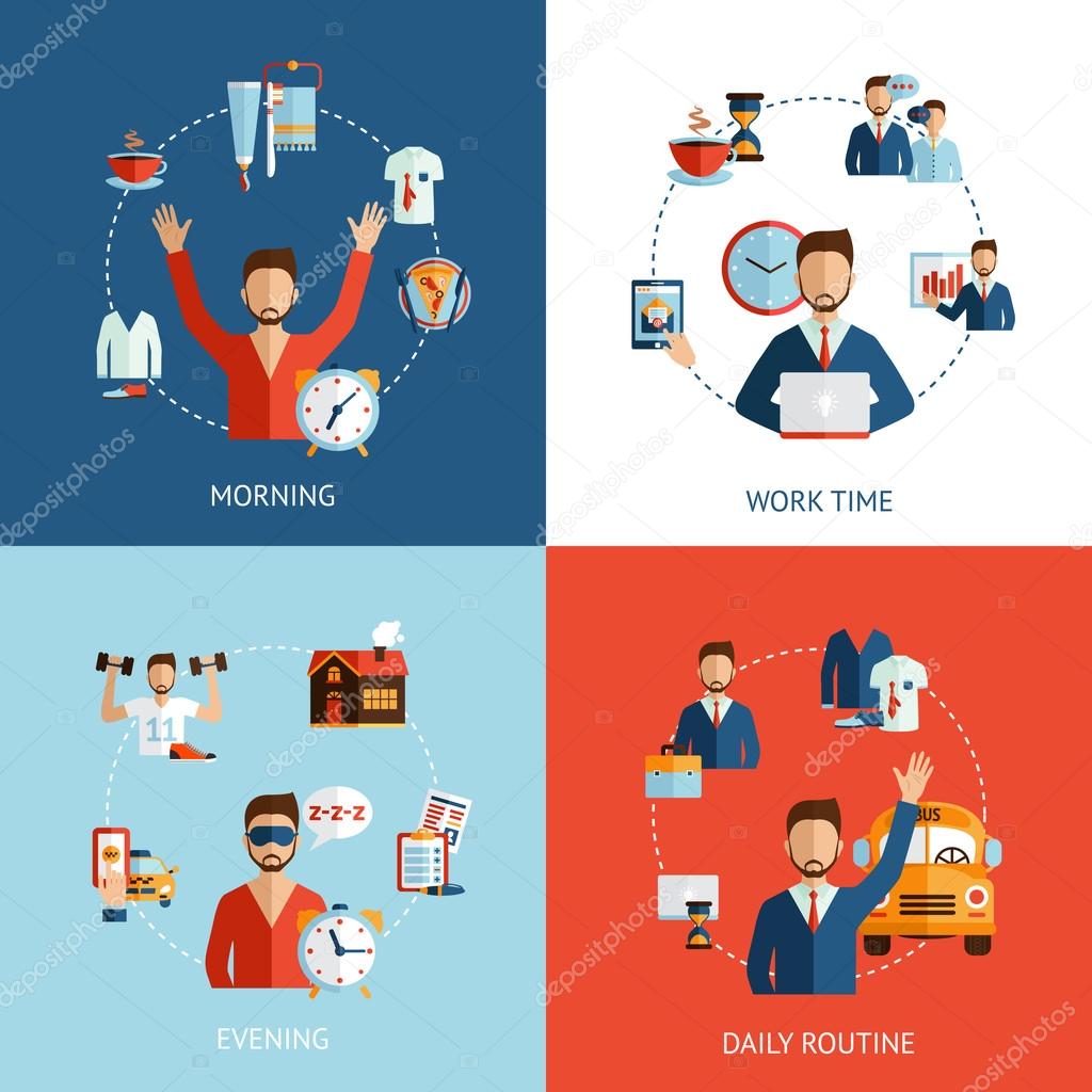 Businessman daily routine concept flat icons