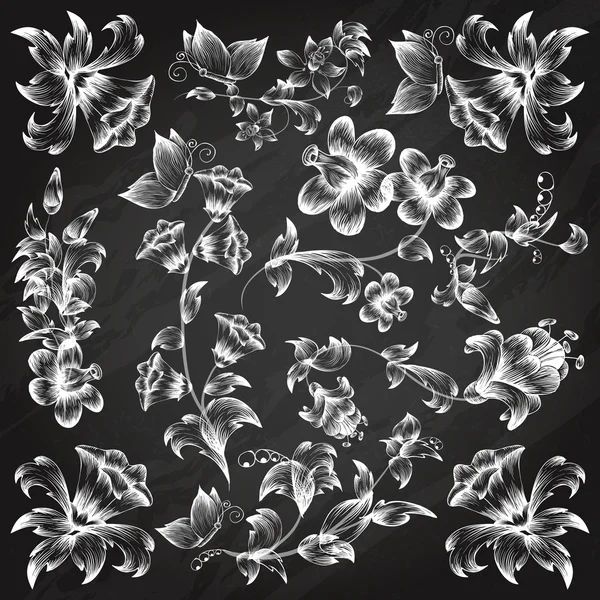 Plantilla de elementos ornamentados florales en blanco y negro — Vector de stock