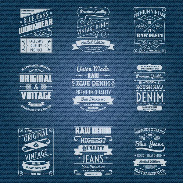 Denim jeans vita typografi etiketter — Stock vektor