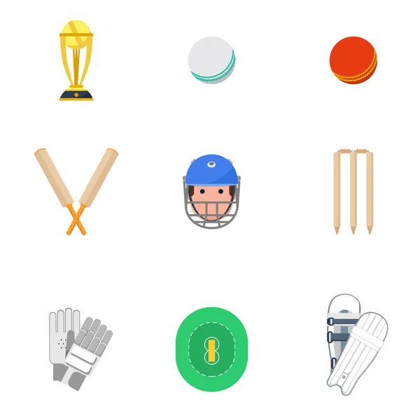 Ícones de críquete conjunto plana — Vetor de Stock