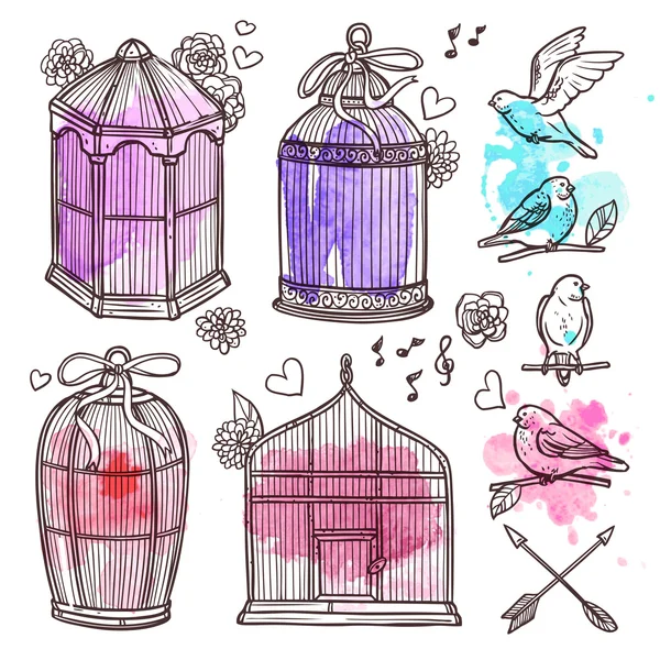 Kafes ve kuşlar Set — Stok Vektör