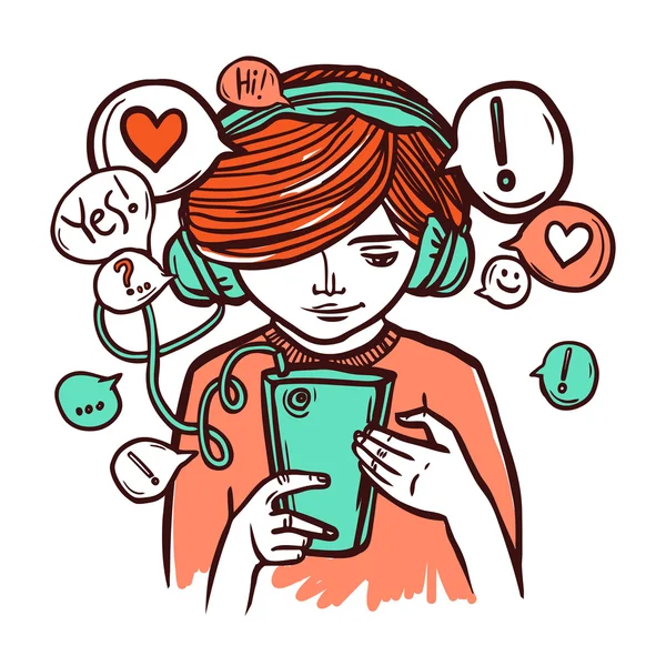 Young Girl In Headphones With Smartphone — Stock Vector